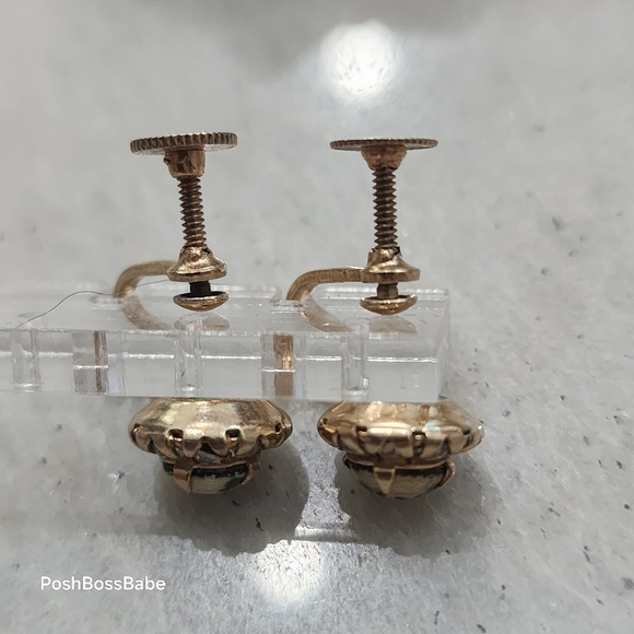 Vintage Floral Porcelain Screw Back Earrings | Rhinestone Gold Tone - Picture 13 of 13